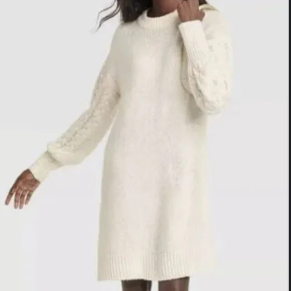 fitted lace wedding dress Princess Polly Women's Carlee Mock Neck Long Sleeve Rib Sweater Minidress - Natural main image 0